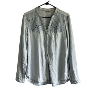 Holding Horses Anthropologie Embroidered Lace Chambray Long Sleeve Blouse Medium